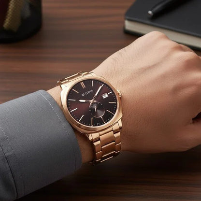 Titan Classique Suave Analog with Brown Dial Rose Gold Stainless Steel Strap Watch for Men 90189wm01