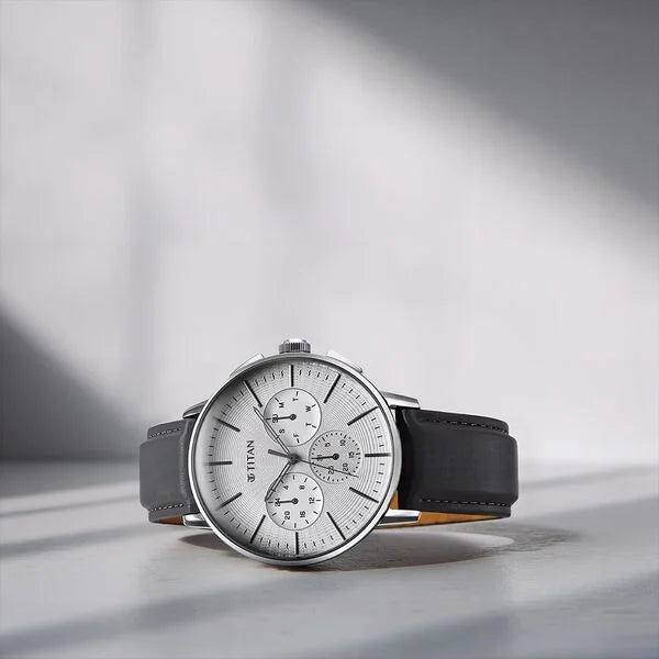 Titan Light leathers Multifunction Silver Dial Leather Strap Watch For Men nu90200sl01