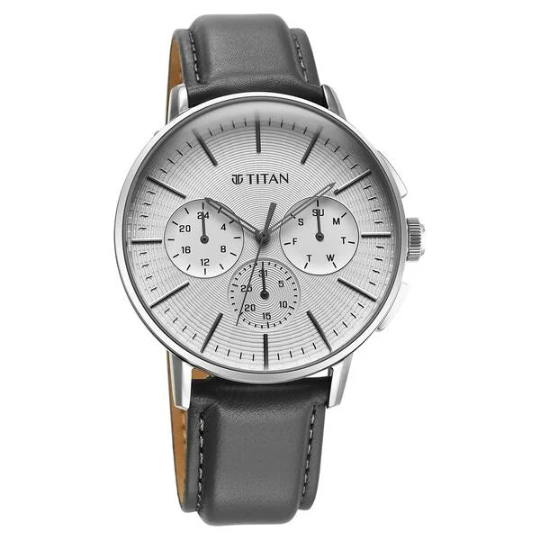 Titan Light leathers Multifunction Silver Dial Leather Strap Watch For Men nu90200sl01