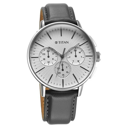 Titan Light leathers Multifunction Silver Dial Leather Strap Watch For Men nu90200sl01