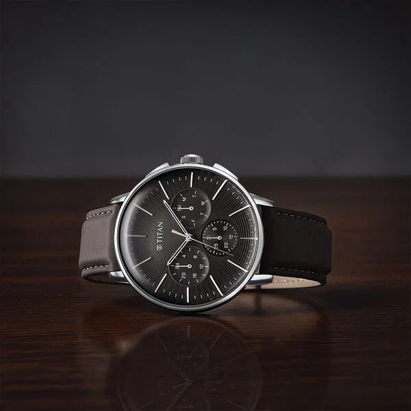 Titan Light leathers Multifunction Anthracite Dial Leather Strap Watch For Men nu90200sl02