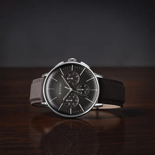 Titan Light leathers Multifunction Anthracite Dial Leather Strap Watch For Men nu90200sl02