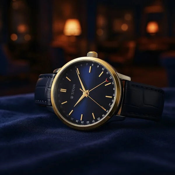 Titan Elegance Analog with Date by Hand and Blue Dial Blue Leather Strap Watch for Men nu90202bl01