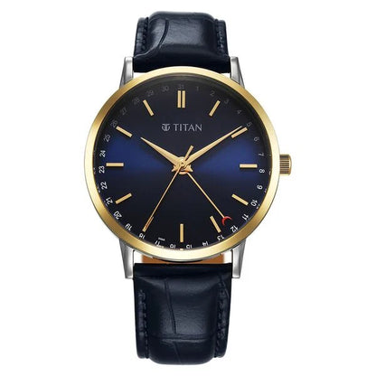 Titan Elegance Analog with Date by Hand and Blue Dial Blue Leather Strap Watch for Men nu90202bl01