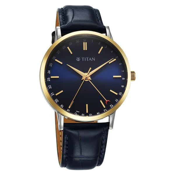 Titan Elegance Analog with Date by Hand and Blue Dial Blue Leather Strap Watch for Men nu90202bl01