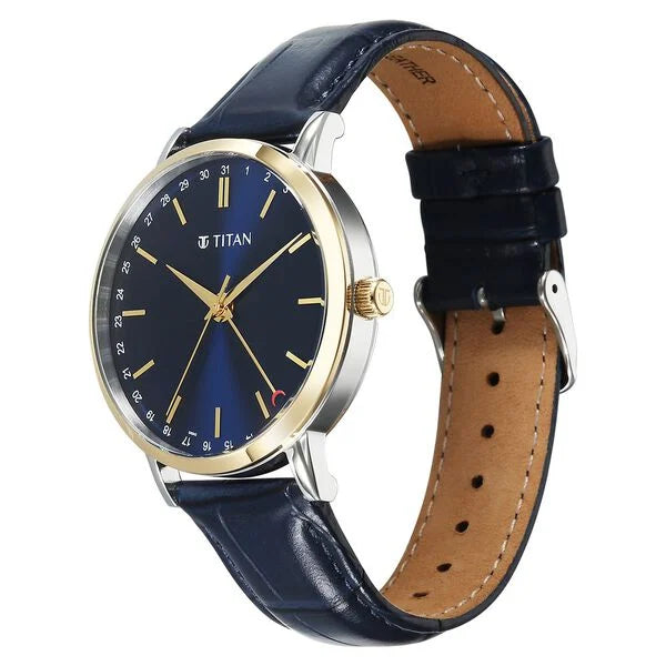 Titan Elegance Analog with Date by Hand and Blue Dial Blue Leather Strap Watch for Men nu90202bl01
