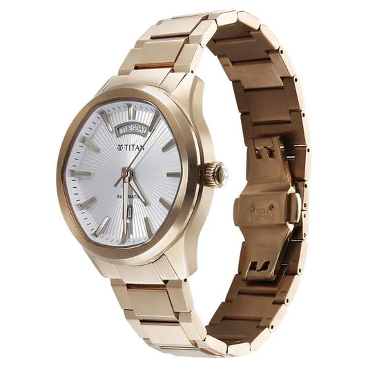 Titan Astral Concealed Automatic Analog with Silver White Dial Carnation Gold Stainless Steel Strap Watch for Men - 90209WM01