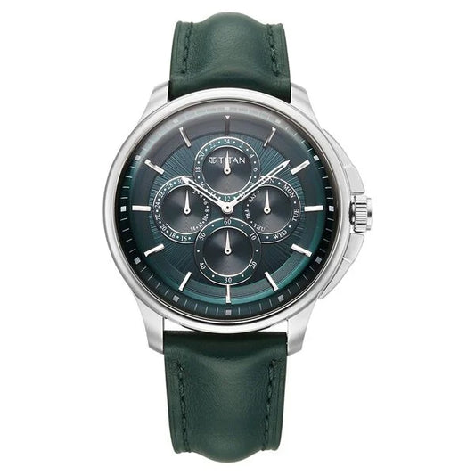 Titan Classique Four Eye Multifunction Analog with Green Dial Green Leather Strap Watch for Men 90217SL02
