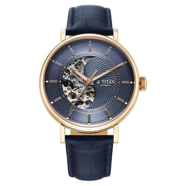 Titan Yin Yang Skeletal Automatic Analog with Rose Gold case, Blue Dial Blue Leather Strap Watch for Men 90222wl01