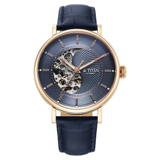 Titan Yin Yang Skeletal Automatic Analog with Rose Gold case, Blue Dial Blue Leather Strap Watch for Men 90222wl01