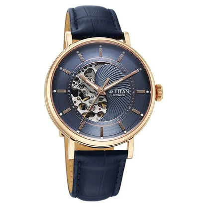 Titan Yin Yang Skeletal Automatic Analog with Rose Gold case, Blue Dial Blue Leather Strap Watch for Men 90222wl01