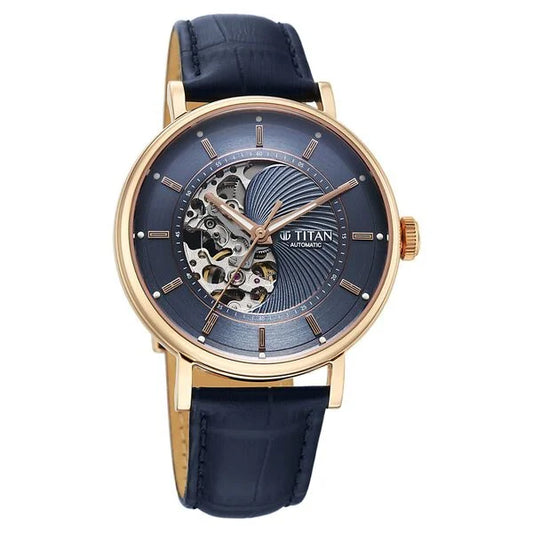 Titan Yin Yang Skeletal Automatic Analog with Rose Gold case, Blue Dial Blue Leather Strap Watch for Men 90222wl01