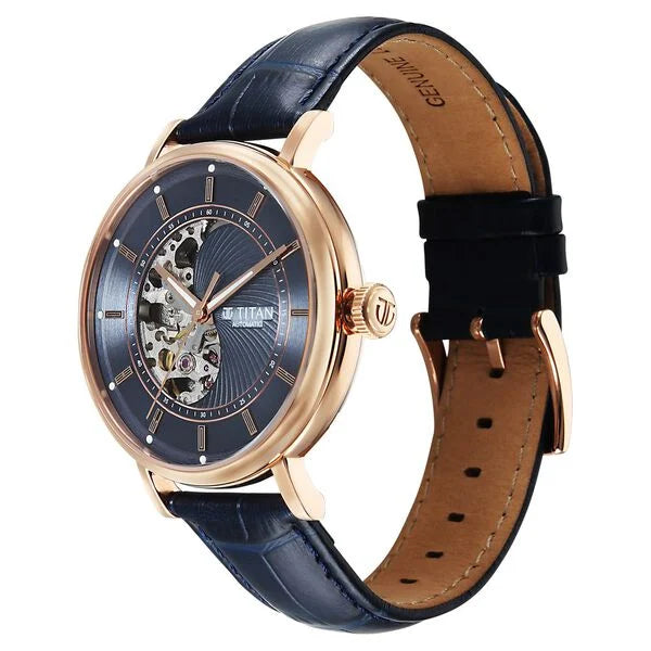 Titan Yin Yang Skeletal Automatic Analog with Rose Gold case, Blue Dial Blue Leather Strap Watch for Men 90222wl01