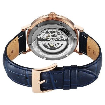 Titan Yin Yang Skeletal Automatic Analog with Rose Gold case, Blue Dial Blue Leather Strap Watch for Men 90222wl01