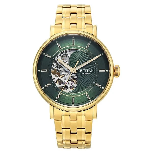Titan Yin Yang Skeletal Automatic Analog with Green Dial Silver Gold Steel Strap Watch for Men 90222ym01