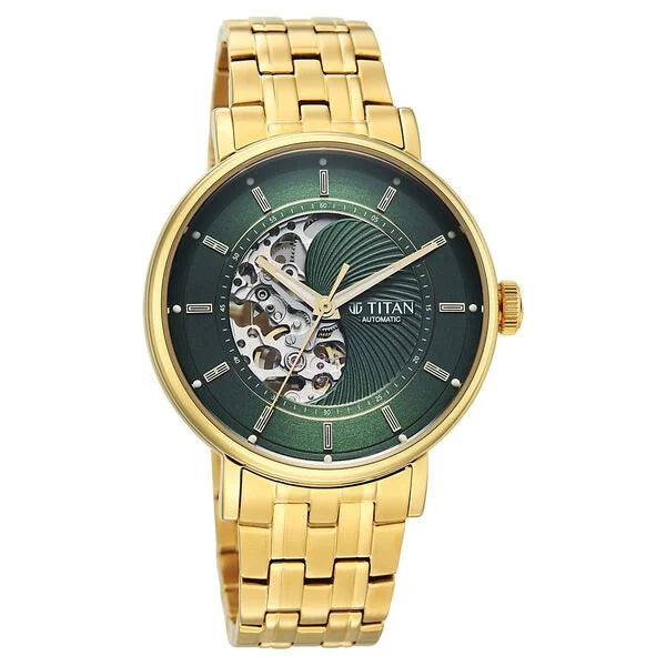 Titan Yin Yang Skeletal Automatic Analog with Green Dial Silver Gold Steel Strap Watch for Men 90222ym01