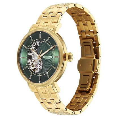 Titan Yin Yang Skeletal Automatic Analog with Green Dial Silver Gold Steel Strap Watch for Men 90222ym01