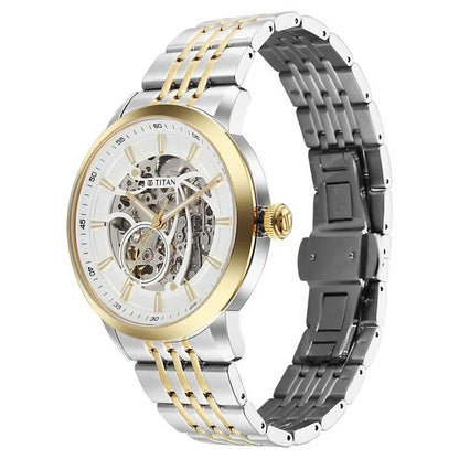 Titan Phoenix Skeletal Automatic Analog with Silver Dial, Gold & Steel Strap Watch for Men 90223bm01 Men's Watch