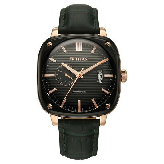 Titan Vintage Concealed Automatic Analog with Green Dial Green Leather Strap Watch for Men 90225kl01