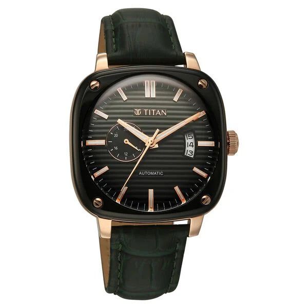 Titan Vintage Concealed Automatic Analog with Green Dial Green Leather Strap Watch for Men 90225kl01