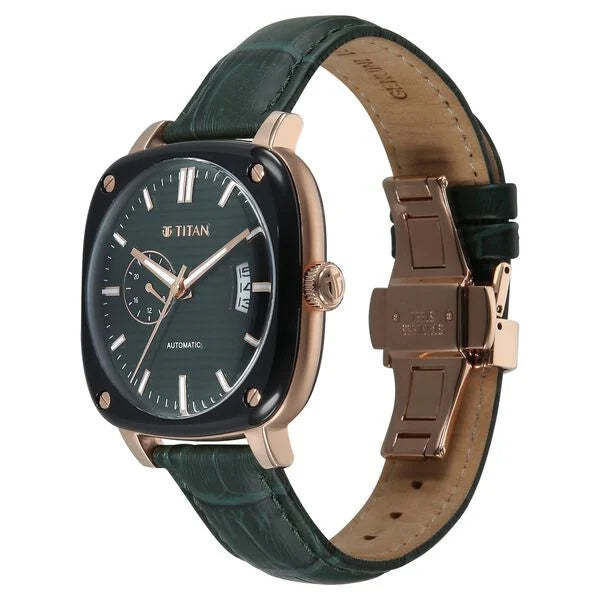 Titan Vintage Concealed Automatic Analog with Green Dial Green Leather Strap Watch for Men 90225kl01