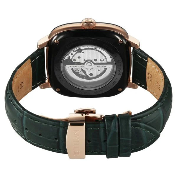 Titan Vintage Concealed Automatic Analog with Green Dial Green Leather Strap Watch for Men 90225kl01