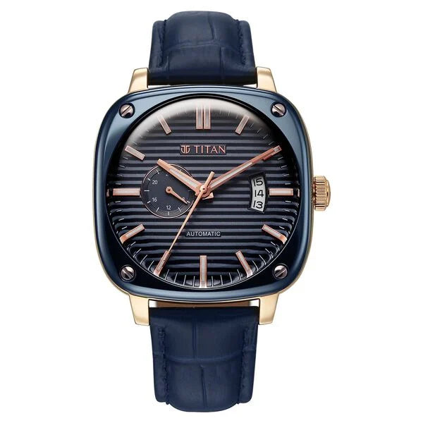 Titan Vintage Concealed Automatic Analog with Blue Dial Blue Leather Strap Watch for Men 90225kl02