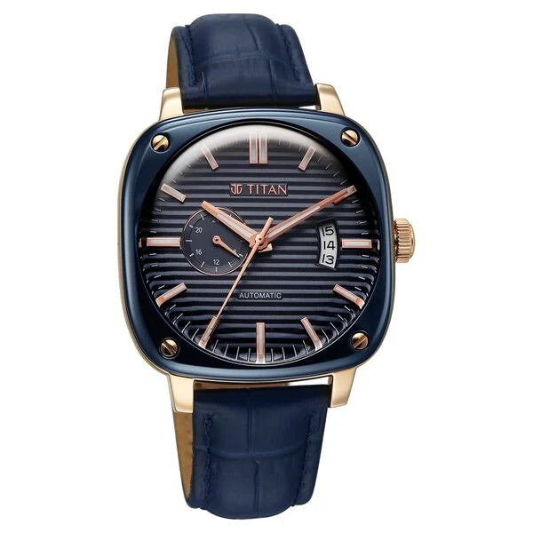 Titan Vintage Concealed Automatic Analog with Blue Dial Blue Leather Strap Watch for Men 90225kl02
