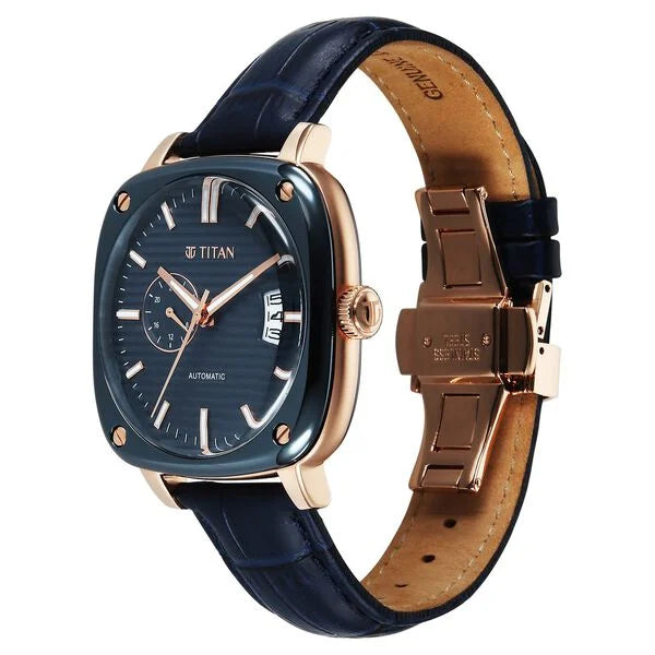 Titan Vintage Concealed Automatic Analog with Blue Dial Blue Leather Strap Watch for Men 90225kl02
