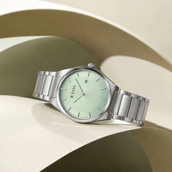 Titan Classique Slim Wear Quartz Analog Pastel Green Dial Silver Stainless Steel Strap Refined Formal Dress Men's Watch 90257sm02