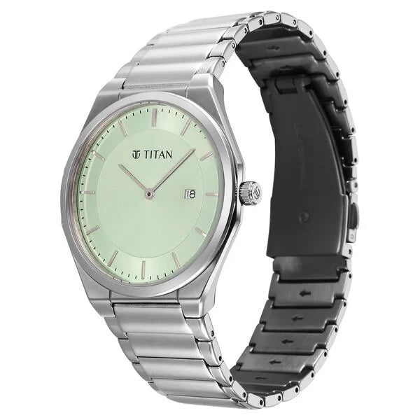Titan Classique Slim Wear Quartz Analog Pastel Green Dial Silver Stainless Steel Strap Refined Formal Dress Men's Watch 90257sm02