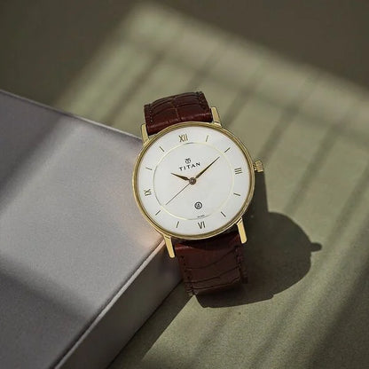 Titan Quartz Analog with Date White Dial Leather Strap Watch for Men nt9162yl01