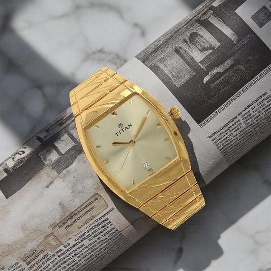 Titan Rectangle Champagne Dial Analog with Date Stainless Steel Strap watch for Men nt9315ym02
