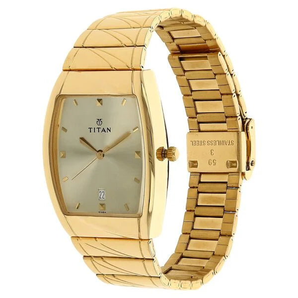 Titan Rectangle Champagne Dial Analog with Date Stainless Steel Strap watch for Men nt9315ym02