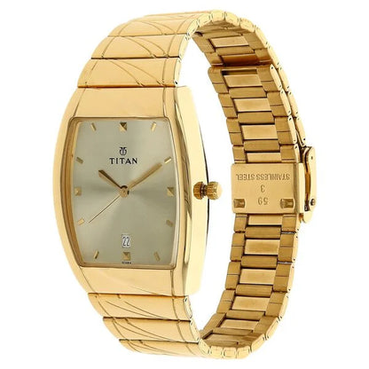 Titan Rectangle Champagne Dial Analog with Date Stainless Steel Strap watch for Men nt9315ym02