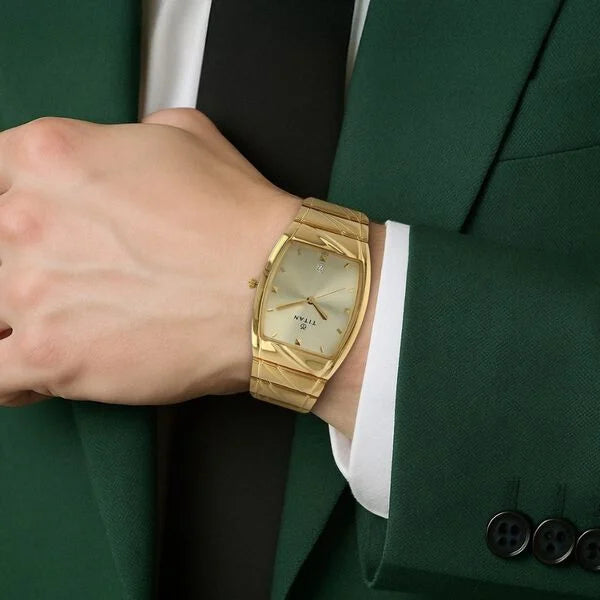 Titan Rectangle Champagne Dial Analog with Date Stainless Steel Strap watch for Men nt9315ym02