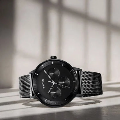 Titan Modern Classics Black Dial Quartz Multifunction Stainless Steel Strap watch for Men nt94006nm01