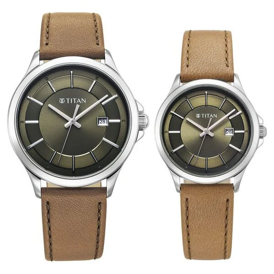 Titan Bandhan Quartz Analog with Date Green Dial Brown Leather Strap Watch For Couple nu9401194211sl01 Couple Watch