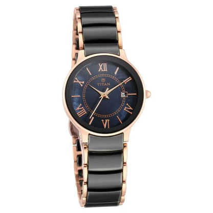Titan Purple Quartz Analog with Date Black Dial Two Toned Ceramic And Stainless Steel Strap Watch For Women