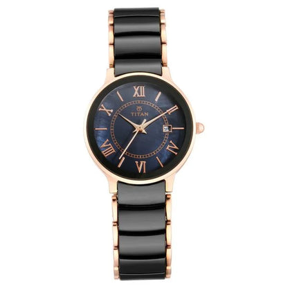 Titan Purple Quartz Analog with Date Black Dial Two Toned Ceramic And Stainless Steel Strap Watch For Women