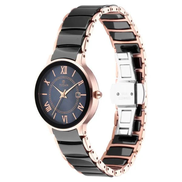 Titan Purple Quartz Analog with Date Black Dial Two Toned Ceramic And Stainless Steel Strap Watch For Women