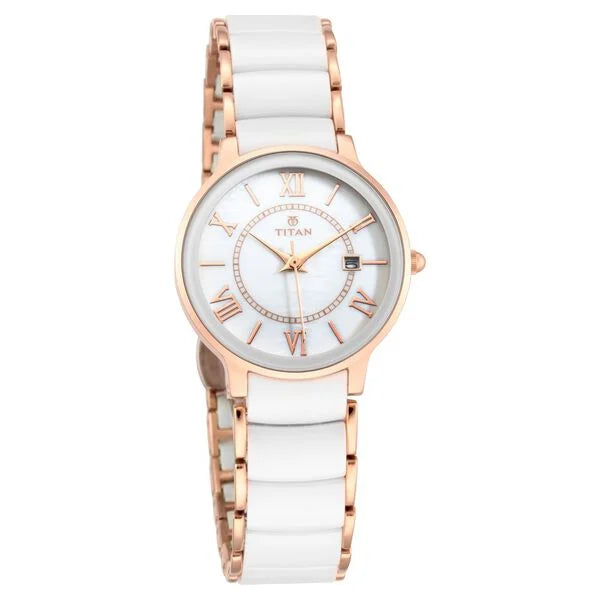 Titan Quartz Analog with Date Mother of Pearl Dial Stainless Steel & Ceramic Strap Watch for Women nt95016wd02