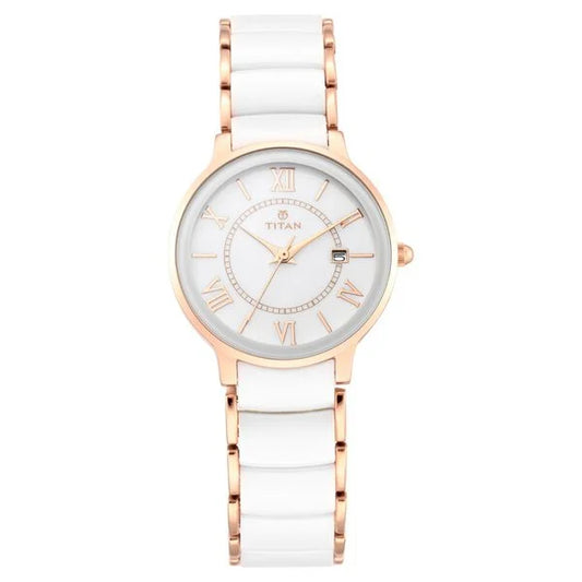 Titan Quartz Analog with Date Mother of Pearl Dial Stainless Steel & Ceramic Strap Watch for Women nt95016wd02