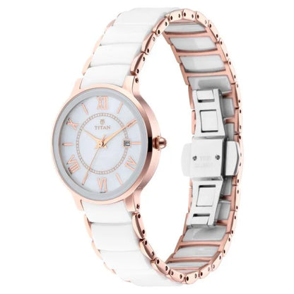 Titan Quartz Analog with Date Mother of Pearl Dial Stainless Steel & Ceramic Strap Watch for Women nt95016wd02