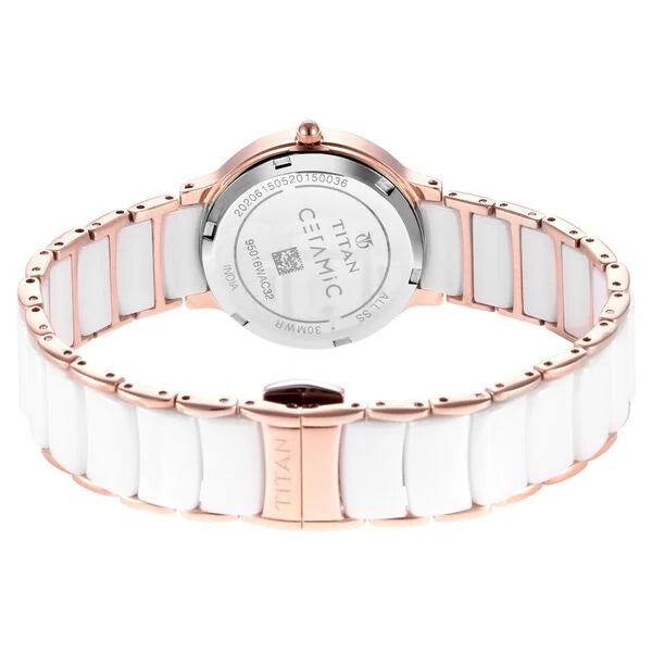 Titan Quartz Analog with Date Mother of Pearl Dial Stainless Steel & Ceramic Strap Watch for Women nt95016wd02