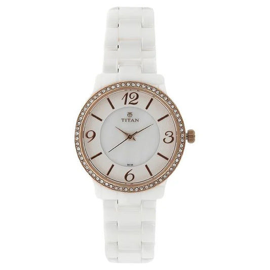 Titan Quartz Analog Mother of Pearl Dial Ceramic Strap Watch for Women 95017kc01
