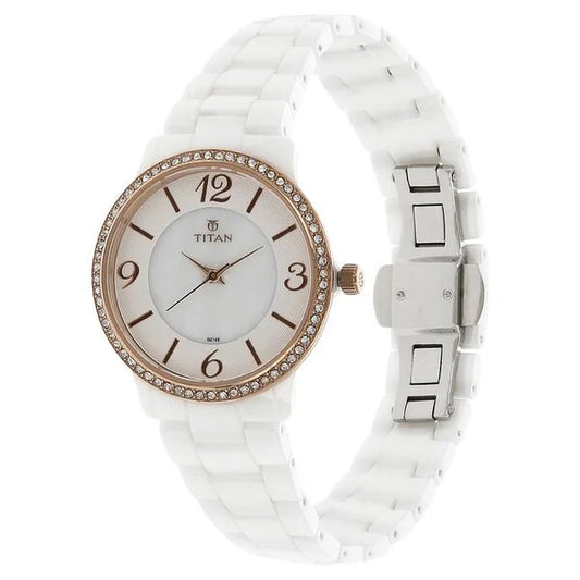 Titan Quartz Analog Mother of Pearl Dial Ceramic Strap Watch for Women 95017kc01
