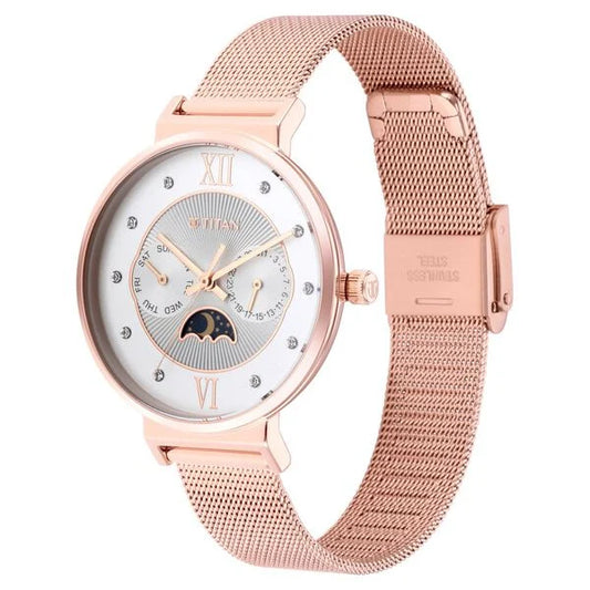 Titan Slimline Silver Dial Quartz Multifunction Stainless Steel Strap Watch for Women