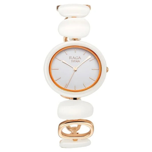 Titan Raga Ceramics Quartz Analog White Dial Metal & Ceramic Strap Watch For Women nu95146kd05