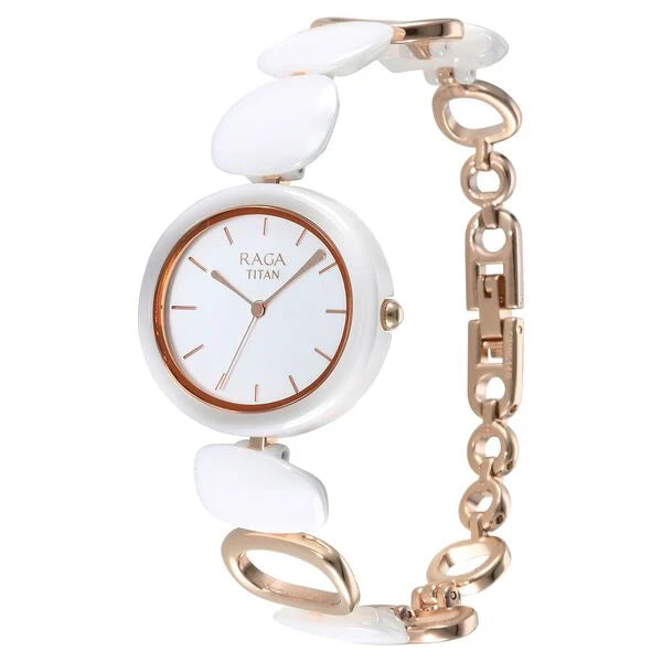 Titan Raga Ceramics Quartz Analog White Dial Metal & Ceramic Strap Watch For Women nu95146kd05